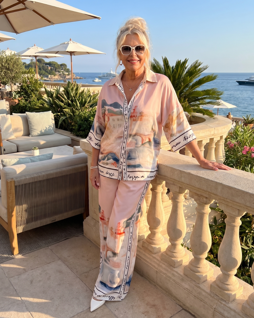 Lilabelle | Scenic Print Button Front Shirt And Wide Leg Pants Set