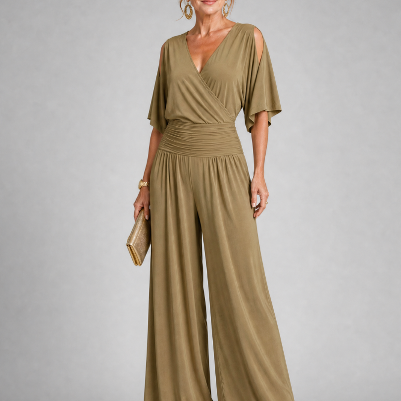 Lioravia | Cold Shoulder Wrap Wide Leg Jumpsuit