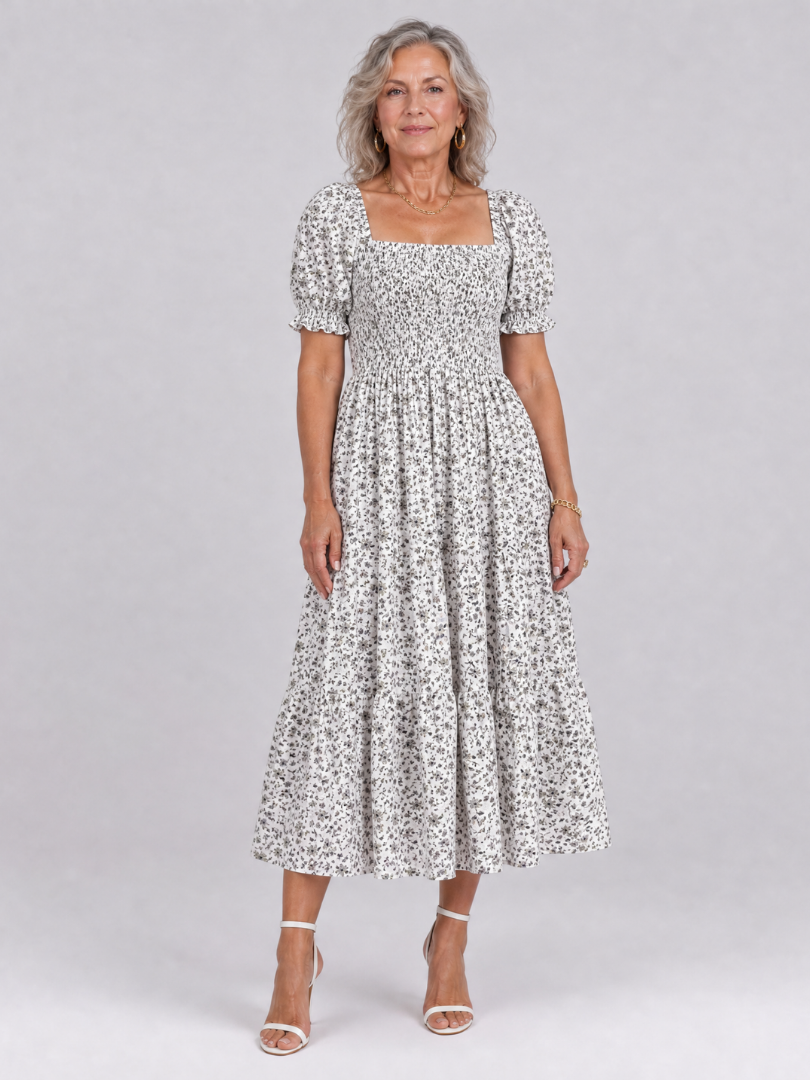 Serrina | Floral Smocked Square Neck Midi Dress