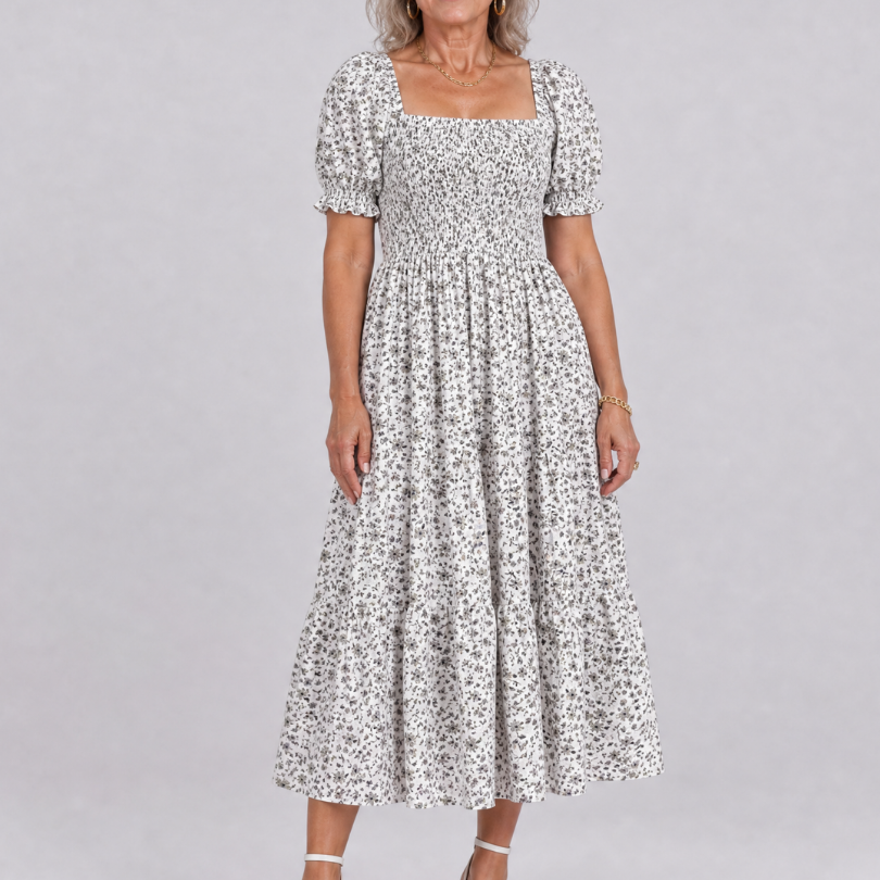Serrina | Floral Smocked Square Neck Midi Dress