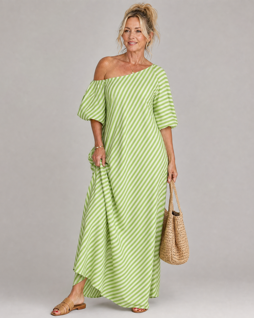 Faela | Striped Off Shoulder Puff Sleeve Midi Dress