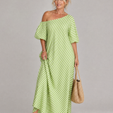 Faela | Striped Off Shoulder Puff Sleeve Midi Dress