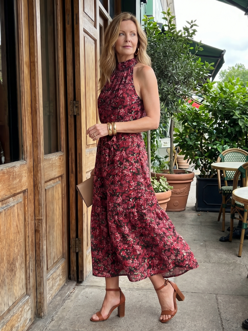Tesdra | High Neck Floral Tiered Midi Dress