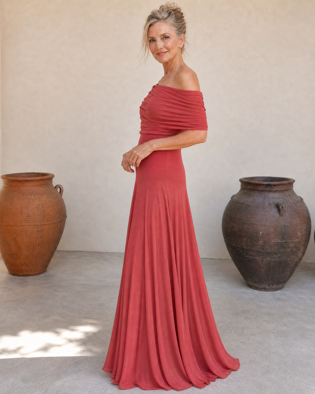 Clawynne | Off Shoulder Draped Bodice Flowing Maxi Dress