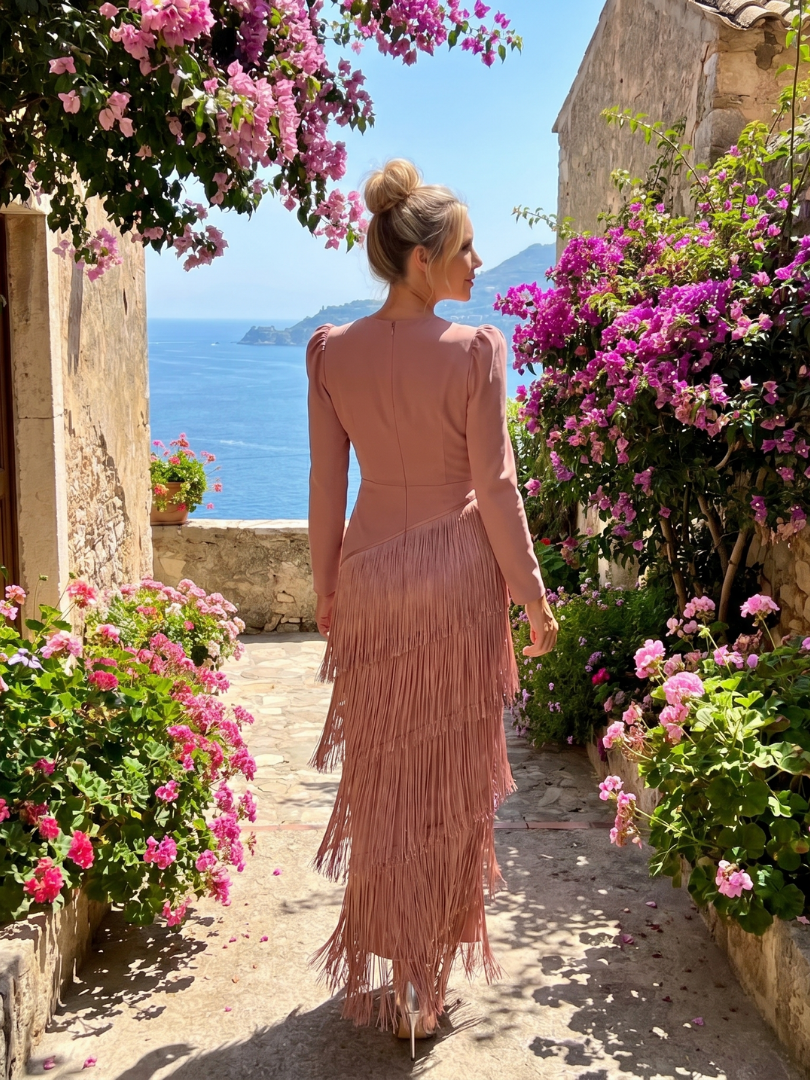 Milbeth | Long Sleeve Soft Fringe Skirt Midi Dress