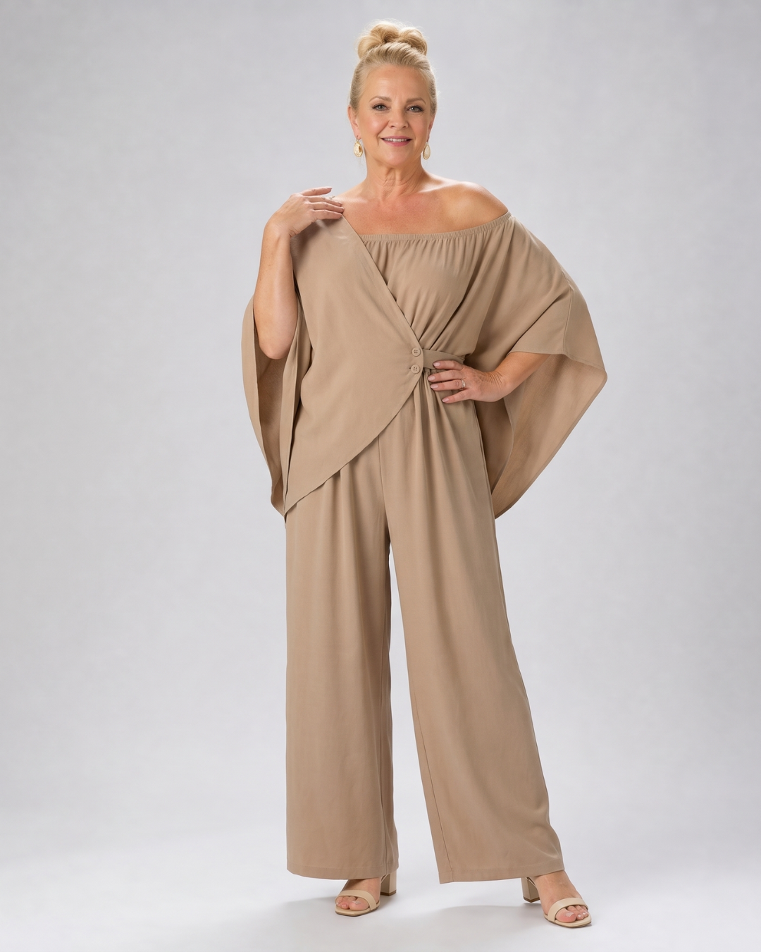 Nevsia | Draped Off Shoulder Top And Wide Leg Pants Set