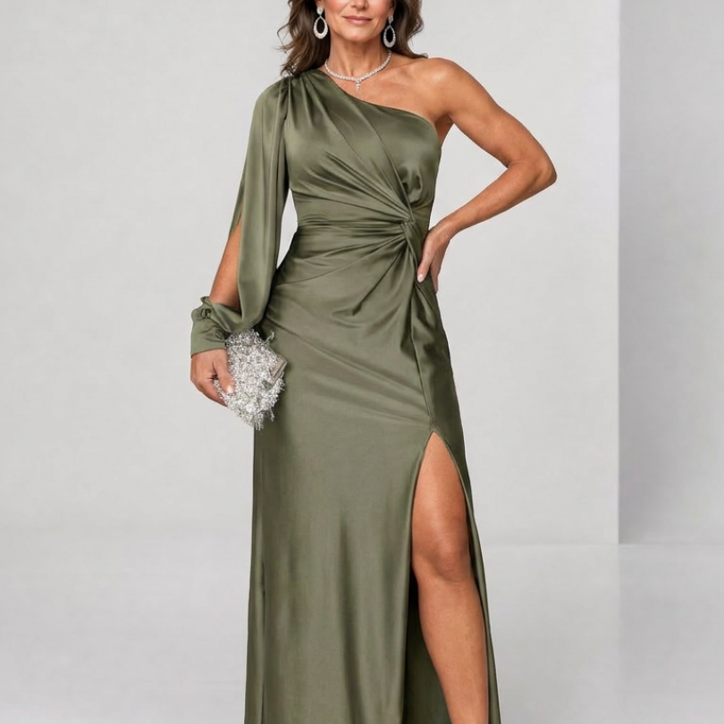 Julna | One Shoulder Draped Slit Maxi Dress