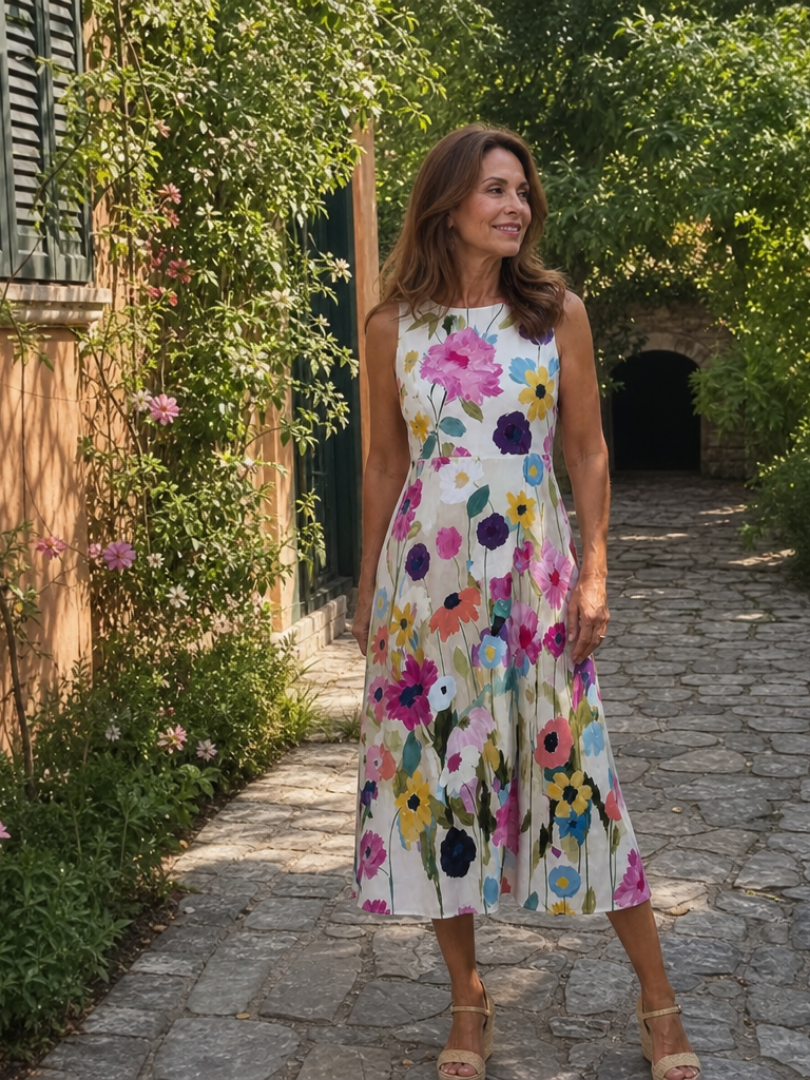 Juletta | Floral Print Sleeveless Round Neck Midi Dress