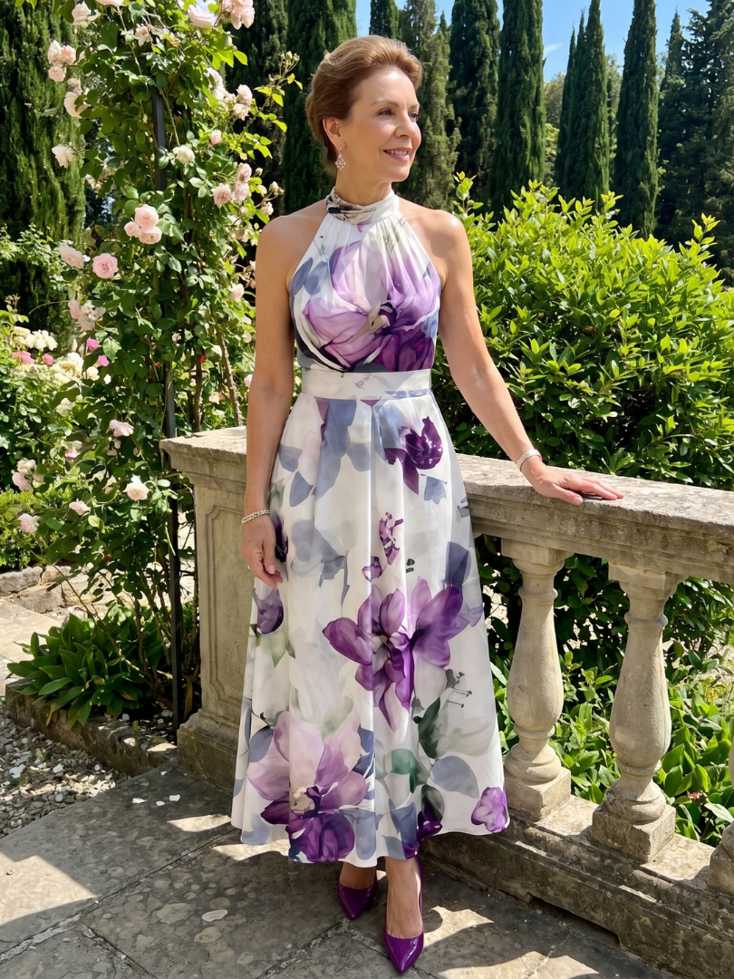 Teslia | Soft Bloom Halter Neck Flowing Midi Dress