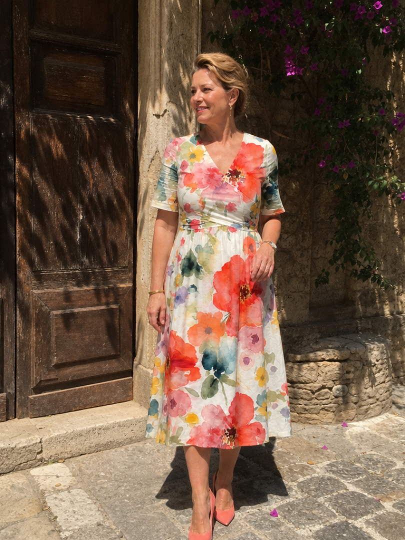 Linnlyn | Floral Print Short Sleeve V Neck Midi Dress