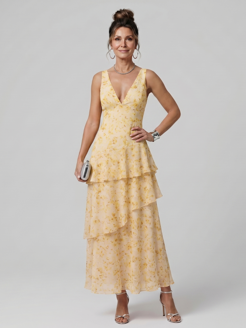 Sabda | Deep V Sleeveless Painterly Pattern Midi Dress