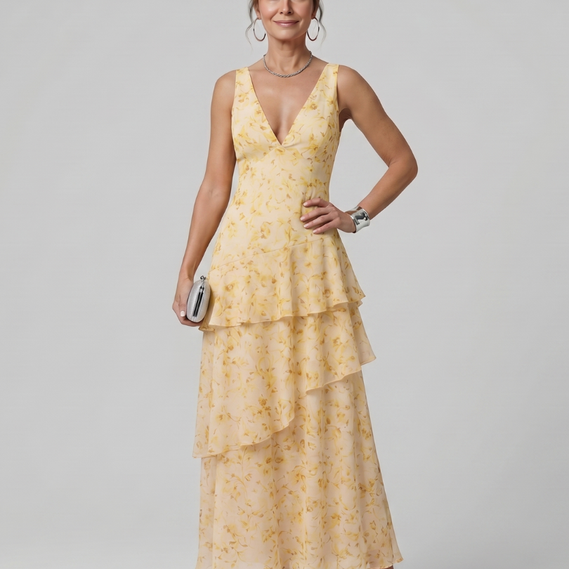 Sabda | Deep V Sleeveless Painterly Pattern Midi Dress
