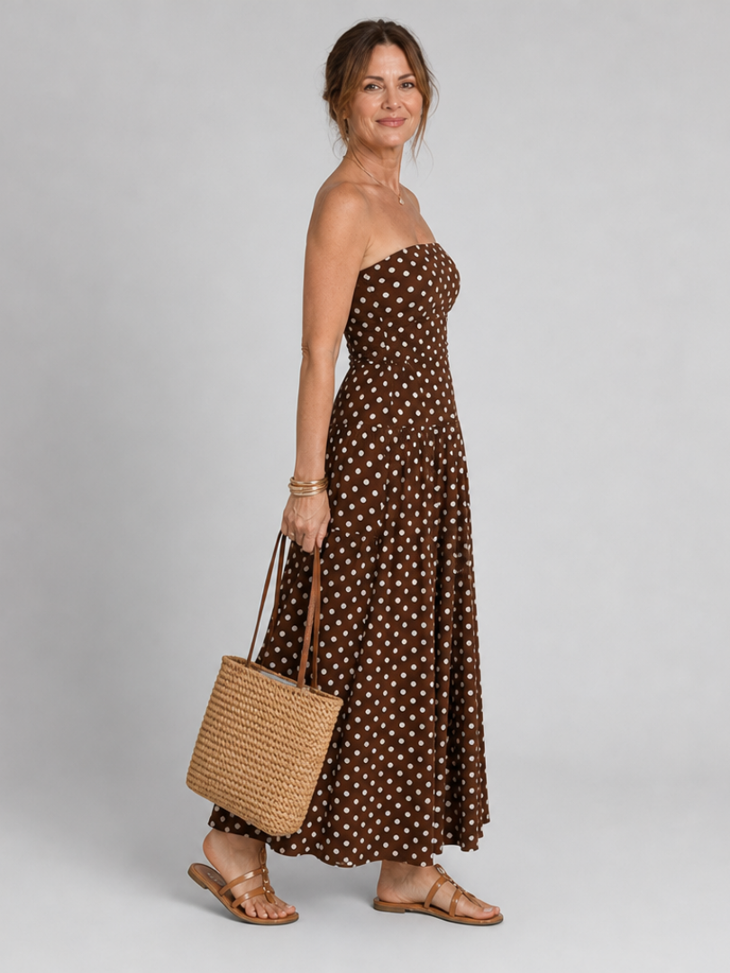 Romisette | Strapless Polka Dot Pattern Midi Dress