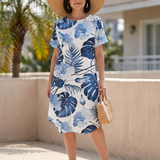 Maerose | Round Neck Plant Print Midi Dress
