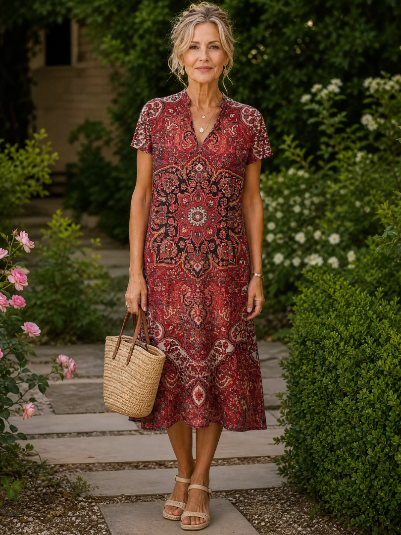 Vesine | Floral Collared Short Sleeve Midi Dress