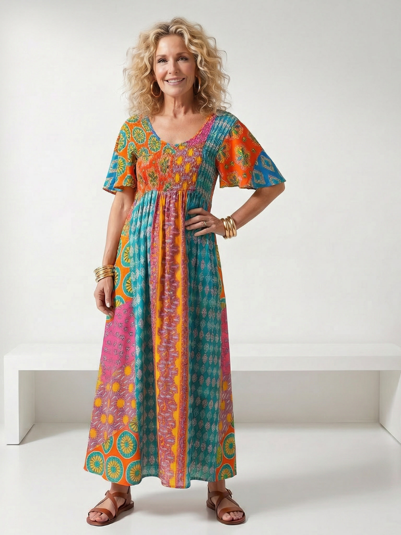 Gretandra | Mixed Print Short Sleeve Midi Dress