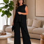 Theadra | Pleated Overlay Top And Wide Leg Pants Set