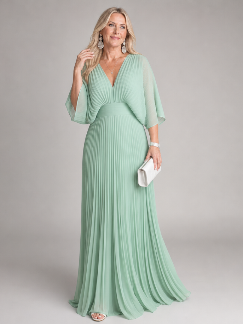 Isawen | V Neck Long Sleeve Pleated Maxi Dress