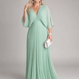 Isawen | V Neck Long Sleeve Pleated Maxi Dress