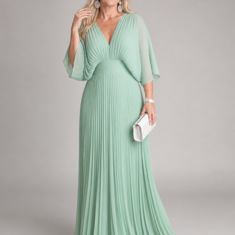 Isawen | V Neck Long Sleeve Pleated Maxi Dress