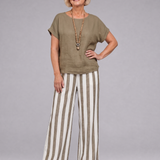 Magdara | Linen Blend Top And Striped Wide Leg Pants Set
