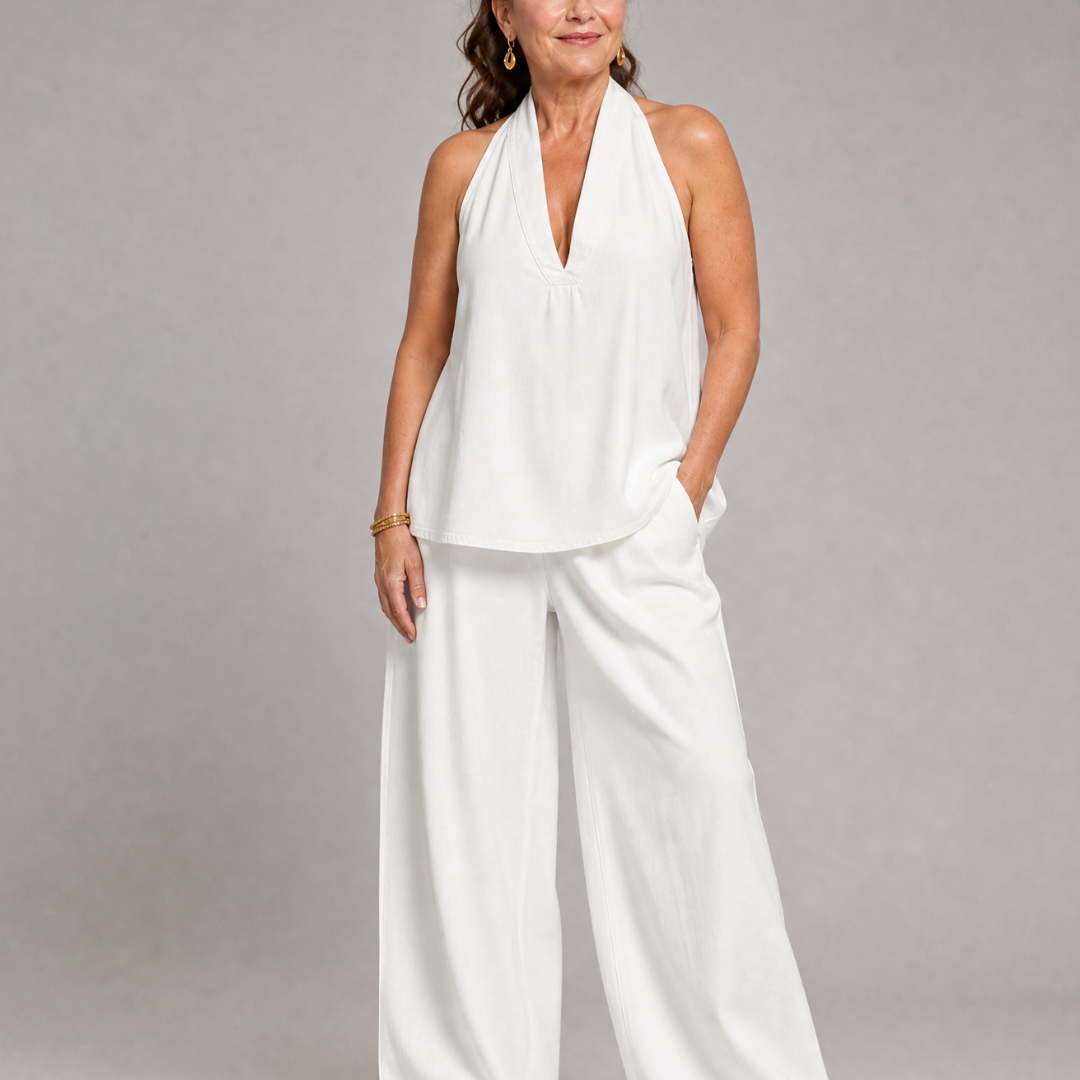 Tallyn | Halter Neck Denim Top And Wide Leg Pants Set
