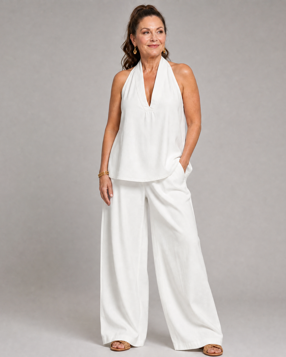 Tallyn | Halter Neck Denim Top And Wide Leg Pants Set