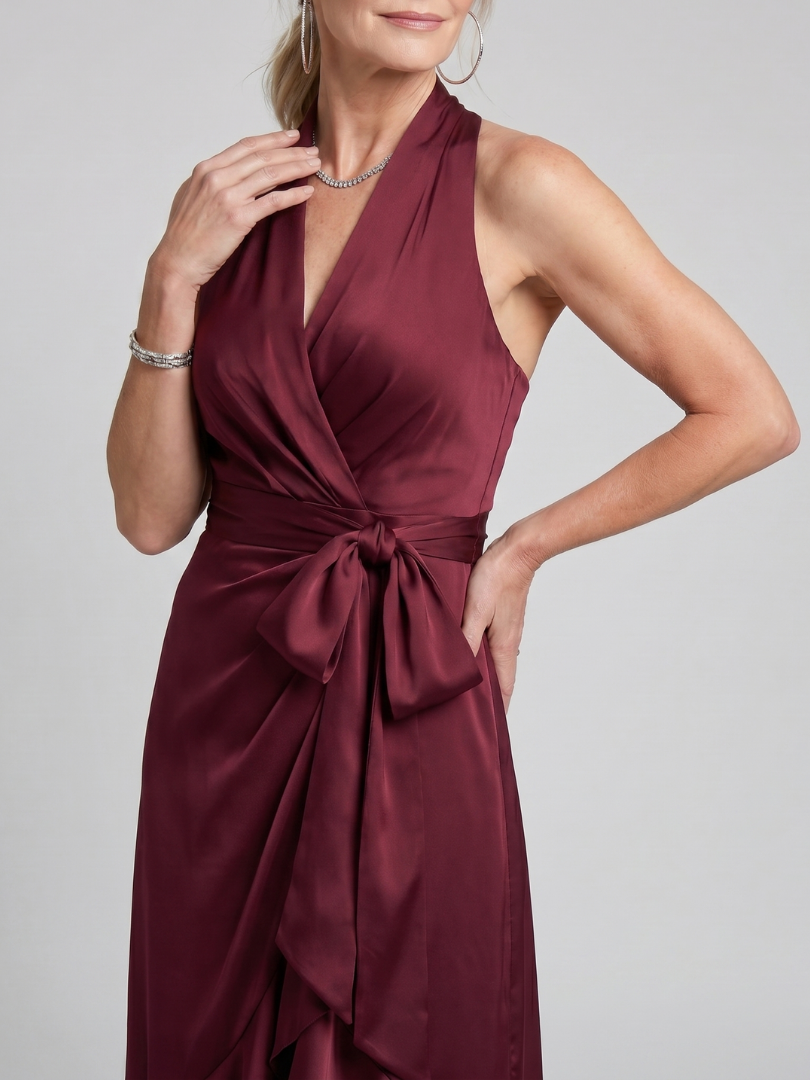 Mirwyn | Halter Neck Wrap Asymmetric Hem Midi Dress