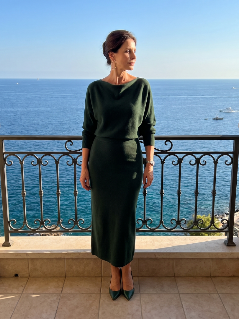 Saffwynne | Draped Neckline Fitted Skirt Midi Dress