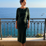 Saffwynne | Draped Neckline Fitted Skirt Midi Dress