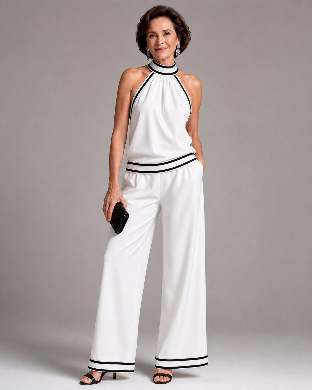 Elira | Contrast Trim Halter Neck Wide Leg Jumpsuit