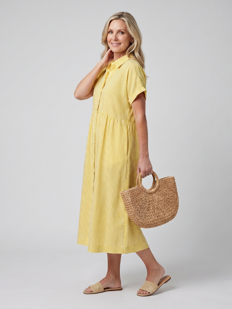 Roslora | Short Sleeve Stripe Pattern Midi Dress