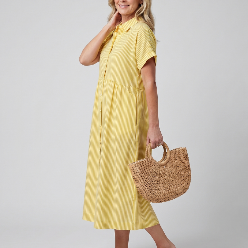 Roslora | Short Sleeve Stripe Pattern Midi Dress