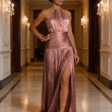 Nevrin | Halter Neck Pleated High Slit Maxi Dress