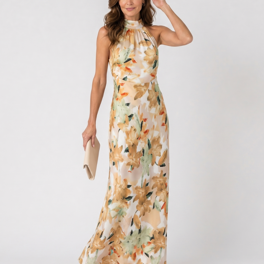 Hilandra | Botanical Print Halter Neck Flowing Midi Dress