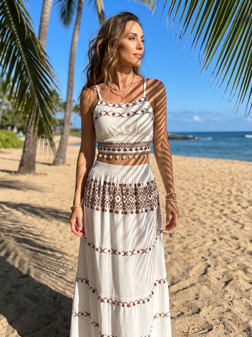 Miralia | Spaghetti Strap Embroidered Detail Midi Dress