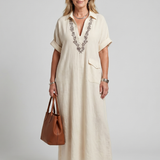 Kalthea | Short Sleeve V Neck  Embroidered Detail Midi Dress