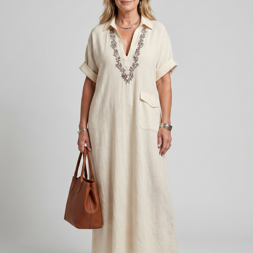 Kalthea | Short Sleeve V Neck  Embroidered Detail Midi Dress