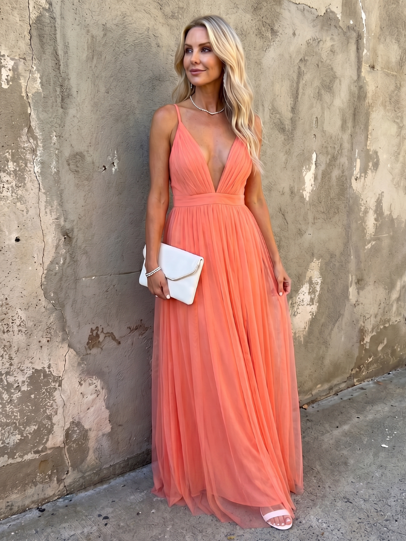 Roswynne | Deep V Strap Pleated Maxi Dress