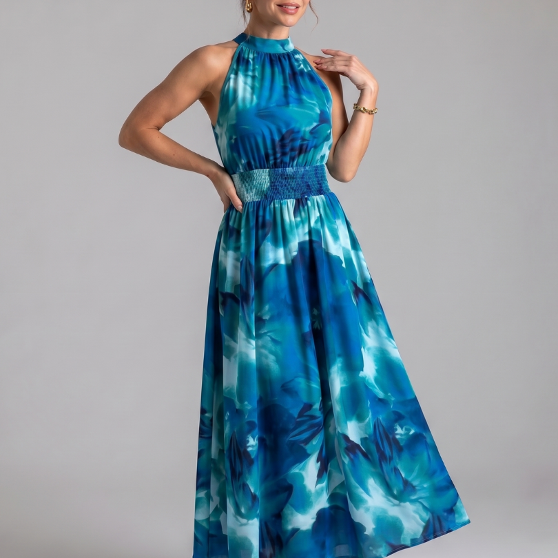 Fionia | Gathered Waist Abstract Print Midi Dress