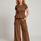 Selthea | Peplum Detail Smocked Top And Wide Leg Pants Set