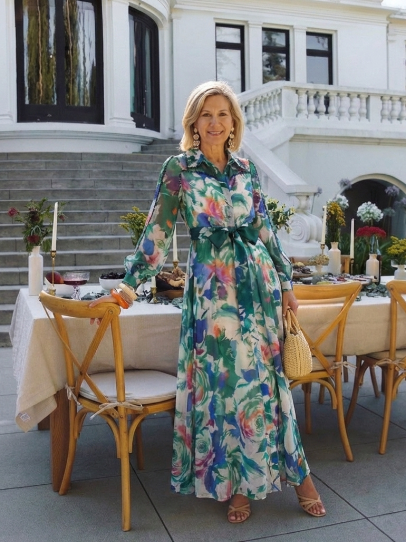 Camndra | Long Sleeve Printed Belted Maxi Dress