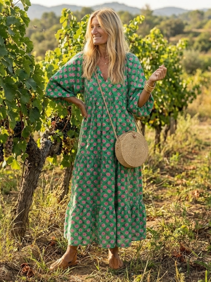 Tovada | Floral Print V Neck Tiered Midi Dress