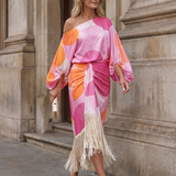 Briwynne | Abstract Print Fringe Hem Midi Dress