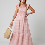 Sabdra | Sleeveless Square Neck Gingham Pattern Midi Dress