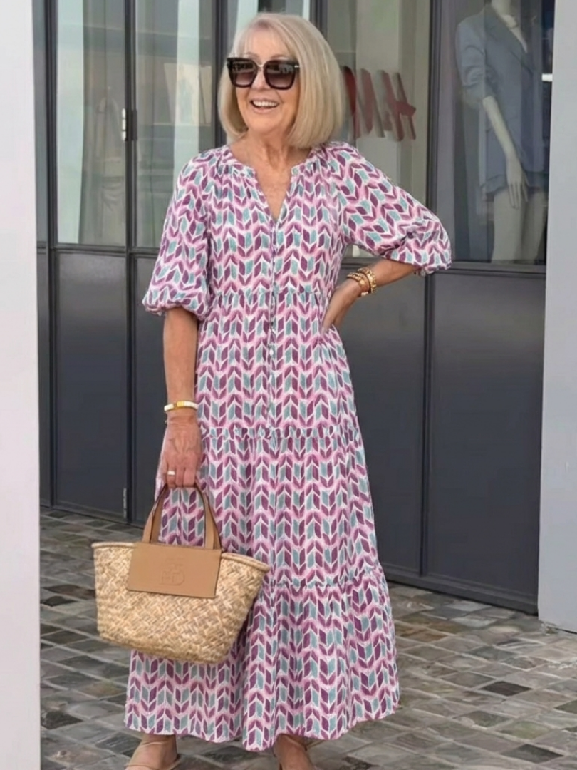 Corbeth | Geometric Print Long Sleeve Tiered Midi Dress