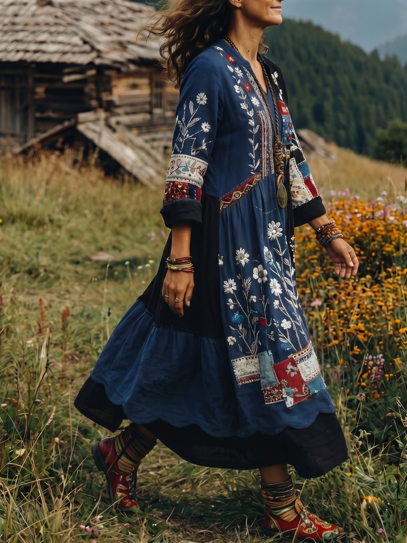 Fiodra | Embroidered Panel Long Sleeve Midi Dress