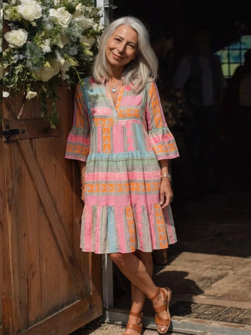 Larsia | Geometric Print V Neck Tiered Knee Length Dress