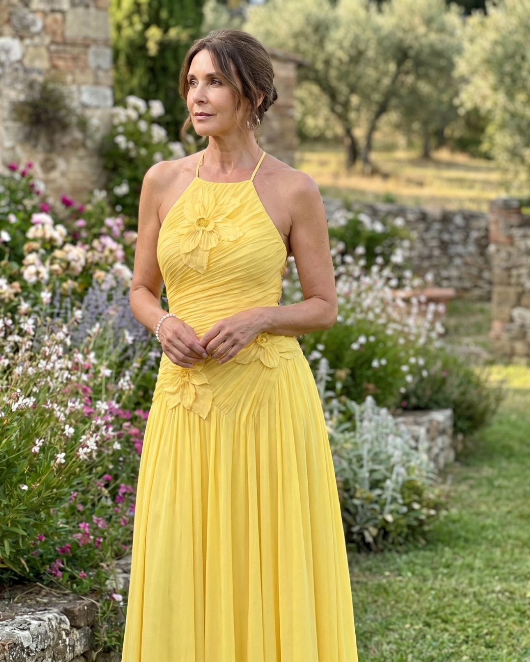 Solna | Pleated Halter Neck Floral Detail Maxi Dress