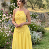 Solna | Pleated Halter Neck Floral Detail Maxi Dress